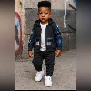 Troy x London boys distress denim and knit hoodie Size 2T